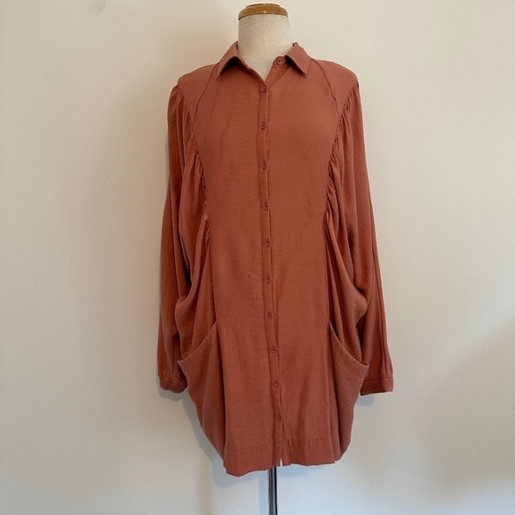 Free People Batwing Rustic Orange Brown Button Front Pockets Shirt Fall Sz S - Picture 1 of 12